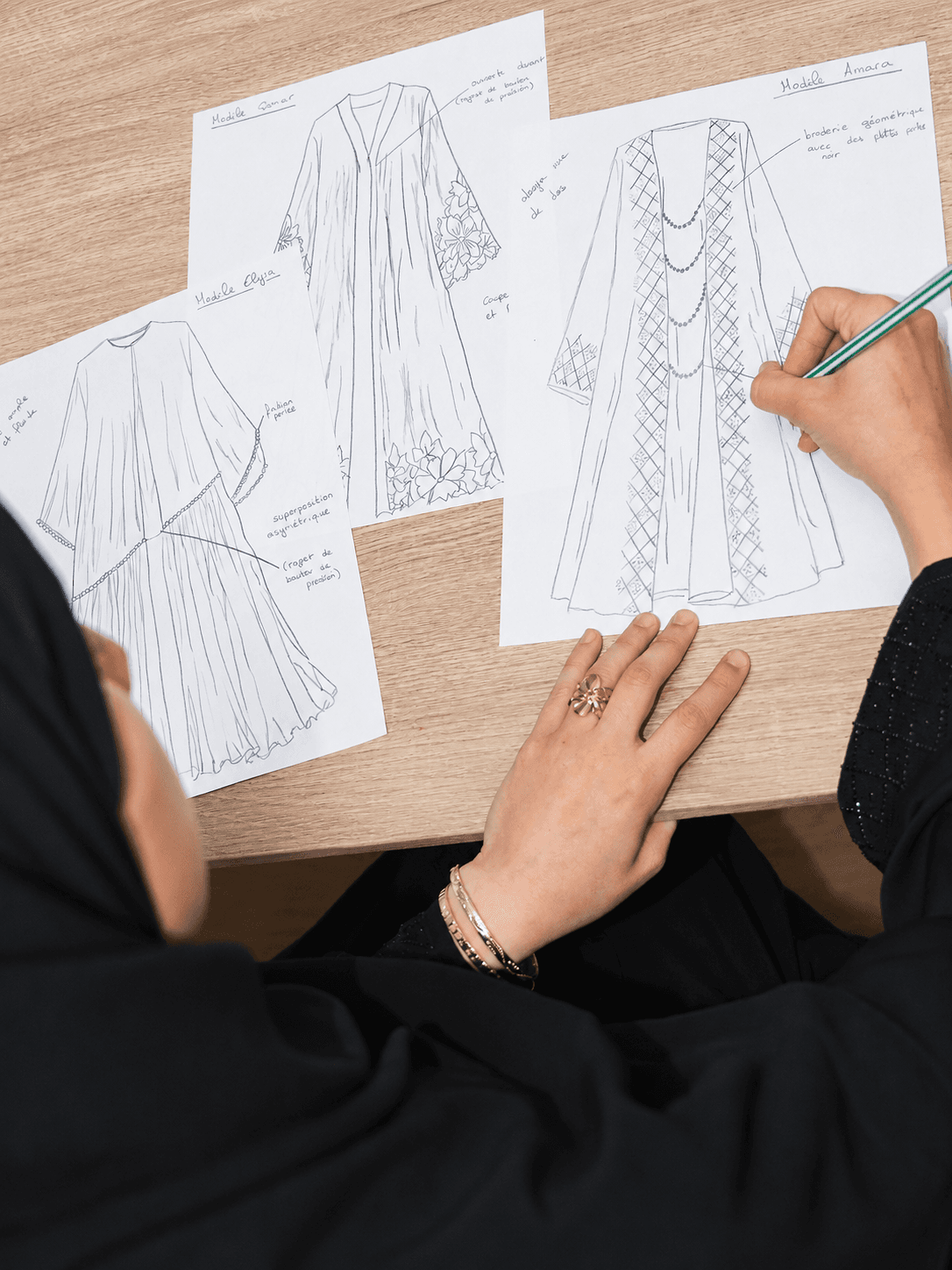 Croquis de modèles Maison Neyara dessinés à la main